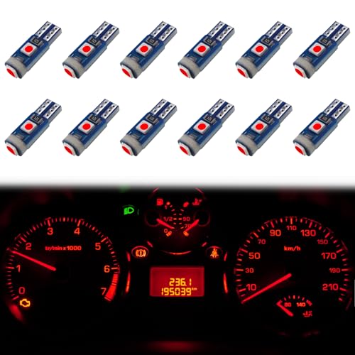 Image of ecocstm 12 PCS T5 LED Bulbs, 74 73 37 2721 Instrument Cluster Light Bulb, 12 Volt Bright Canbus Error Free LED Dashboard Light Bulb, 3030 SMD Automotive Replacement Bulbs (Red)