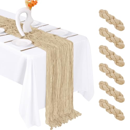 FANTEKE 6 Pack Beige Cheesecloth Table Runner 20 x 120 Inch Gauze Table Runner Fabric Semi Sheer Cheese Cloth Table Decor Bulk for Rustic Romantic Wedding Baby Shower Party Table Decoration