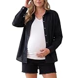 Motherhood Maternity Women's Button Down Poplin Long Sleeve Pregnancy Shirt, Black, Medium