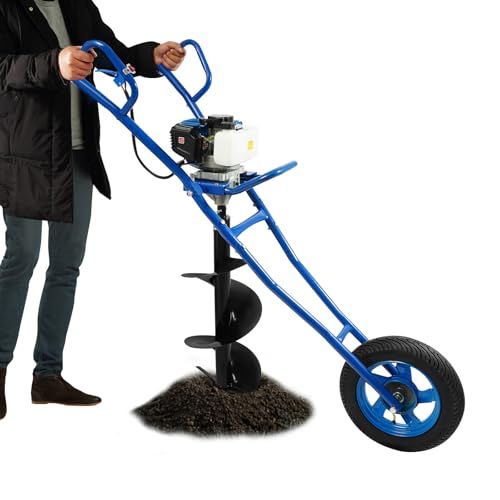 LENDISIY Tarière à essence, 52 cm³, 1,46 kW, 2 temps, avec roues, à essence, réservoir de carburant 1 l, 8800 ± 300 tr/min, avec brouette (bleu)