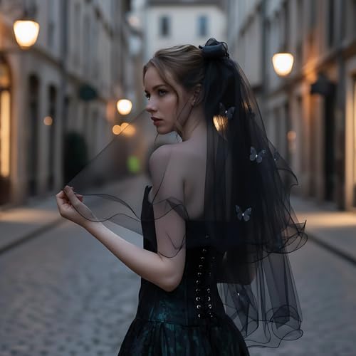 Velo de novia gótico para bodas temáticas Halloween y cosplay de estética oscura 4