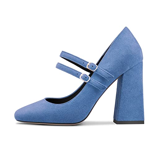 DearOnly Women High Chunky Block Heel Square Toe Pumps Mary Jane Buckle Wedding Cute 3.9 Inches Heels2