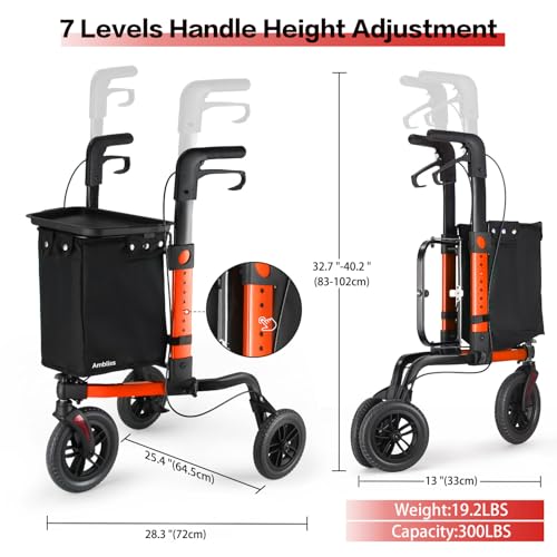 Ambliss 10" Front Wheeled Rollator Walker for Seniors, Aluminum & Height Adjustable (Orange)
