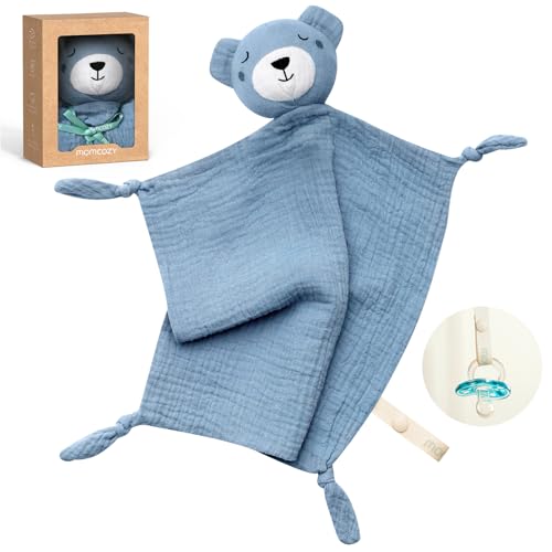 Image of Momcozy Bear Loveys for Babies with Cotton - Soft Security Blanket for Boy or Girl for Self-Soothing On-The-Go-Portable & Anti-Drop Design - Newborn Gift，Must Have（Blue 14 inch）