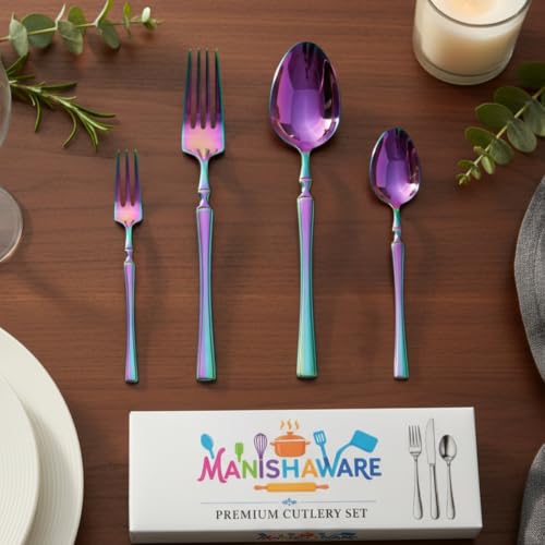 Image of Classic Rainbow 20 Pcs Stainless Steel Cutlery Set for Dining Table, Dishwasher Safe Glossy Flatware (Perfect Spoon Fork Set)