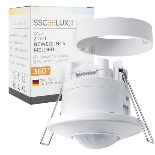 SSC-LUXon DALIX Bewegungsmelder Innen Decke flach Unterputz oder Aufputz 2in1 programmierbar für Innen - PIR Sensor Weiß 360 Grad 16m Reichweite