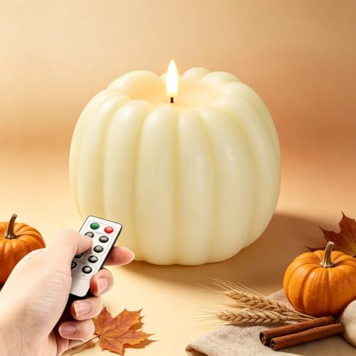 Homemory Flameless Wax Pumpkin Candle Flickering with Remote for Fall Decor
