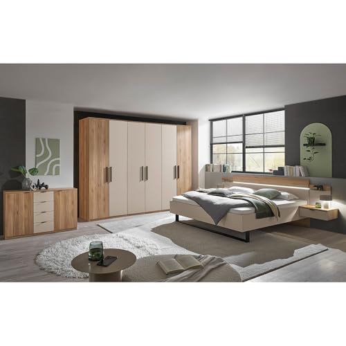 Lomadox Schlafzimmer Komplett Set in Eiche mit Kaschmir, Kleiderschrank 6-türig & Bett 180x200 cm mit Nakopaneel LED-Beleuchtung & Kommode mit Softclose-Funktion