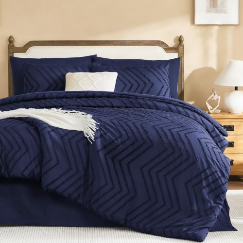 Image of Litanika California King Size Comforter Set with Sheets Navy Blue - 7 Pieces Bed in a Bag Cal King Chevron Tufted Complete Bedding Sets with Comforter, Sheets, Pillowcases & Shams