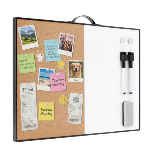 Image of TSJ OFFICE Small Whiteboard Cork-Board - 12 inch X 16 inch Portable Aluminum Black Framed Magnetic Dry Erase Board for Wall, Small Bulletin Cork Board with Holder for Office, Home and School