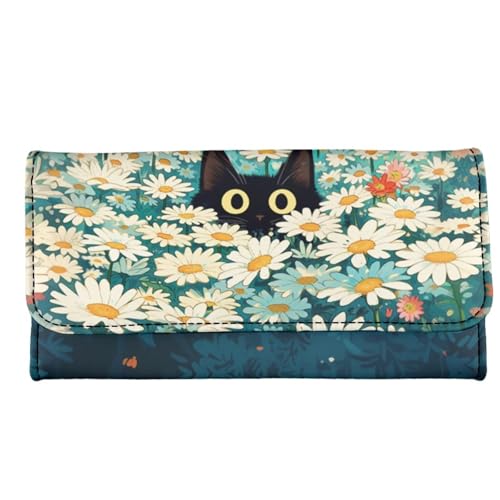 Image of AFPANQZ Womens Wallets Leather Trifold Multi Card Holder Slots Wallet, Cute Black Cat Daisy Print Elegant Clutch Phone Holder Zip Inner Pocket Multi-Cards Slots Large Travel Wallet