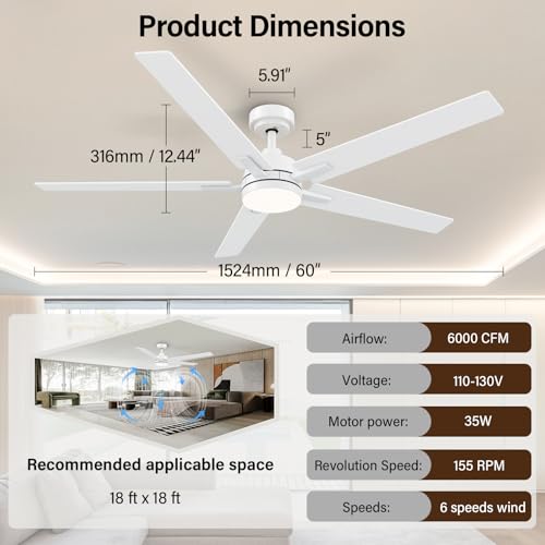 Image of 60 Inch White Ceiling Fans with Lights and Remote, Large Ceiling Fan