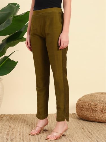 Image of Vogaan Women's Cotton Silk Pant | Half-Elasticated Waist Slim Fit Trouser for Women | Casual Pocket Pants for Office Formal Daily Use