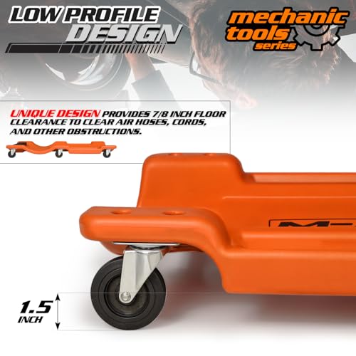 M-AUTO 36" Mechanic Rolling Garage Creeper with Padded Headrest Light Weight Automotive Creeper Mechanic Cart with Dual Tool Trays and Noiseless Casters, Orange