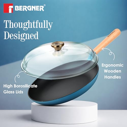 Image of BERGNER Excalibur Lightweight Cast Iron Frypan with Lid 28cm, Sturdy Wooden Handle, Non-Stick Coating, PFAS Free, Perfect Heat Distribution, Elegant Design - Induction Compatible (Blue)