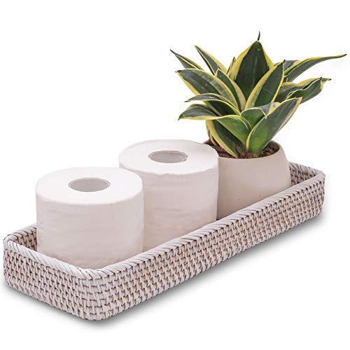 CELEZAR Rattan-Toiletten-Tankkorb, Gästehandtuch, Serviette, gewebter Halter zum Servieren von Brot-Regalen, dekoratives Weiden-Tablett (44.5 x 15.2 x 5.1 cm, weiß gewaschen) Cover