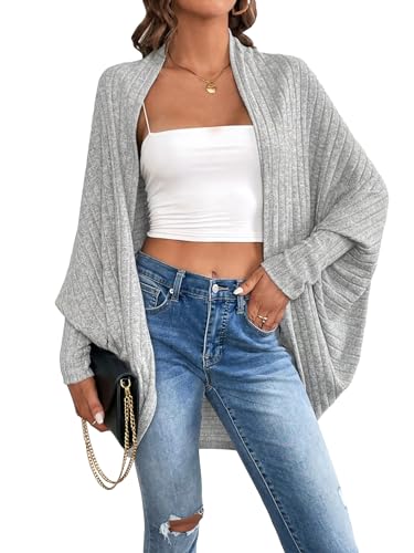 Image of WDIRARA Women's Open Front Long Sleeve Asymmetrical Hem Cardigan Rib Knit Sweater Light Grey XS