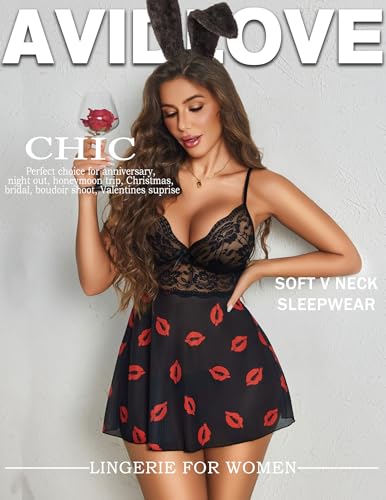 Image of Avidlove Women Lingerie Lace Babydoll Strap Chemise Halter Teddy V Neck Sleepwear