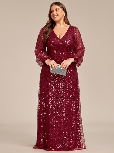 Ever-Pretty Women's Elegant A-Line V Neck Sheer Long Sleeves Plus Size Sequin Formal Dress Evening Gown