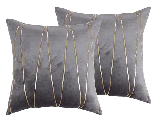 Image of Amazon Brand - Umi Gold Leather Striped Pack of 2 Throw Pillow Covers Velvet Decorative Cushion Covers Cases for Sofa Bedroom Livingroom Car 18 x 18 in Grey Color