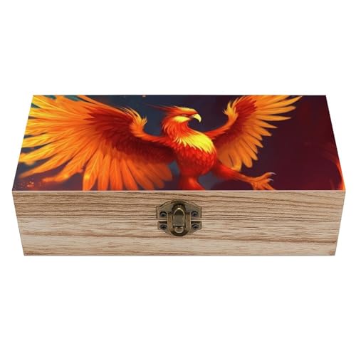 FJWKLRBV Orange Red Phoenix Wooden Storage Box with Hinged Lock, Decorative Handmade Keepsake Jewelry Chest, Elegant Retro Decor Boxes, Compact Organizer Box for Home, Wedding, Gifts