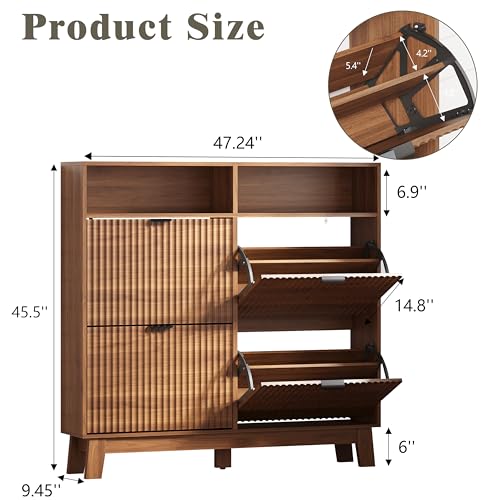 Image of Shoe Cabinet Storage for Entryway with 4 Flip Drawers, Fluted Narrow Shoe Organizer with Wooden Legs & Top Cubby, Freestanding Slim Shoe Storage Hidden Shoe Rack for Front Door Entrance, Walnut