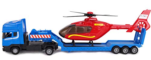 Toyland® Scania Pritschenschlepper mit Hubschrauber - Maßstab 1:48 - Freilauf - Transportspielzeugspielzeug - Fahrzeugsammelobjekte - Jungenspielzeug (Blauer LKW/roter Hubschrauber)