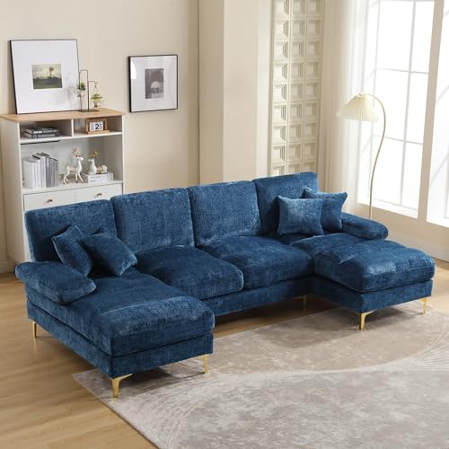 Sapgaks Sektionalsofa in U-Form, modernes Schlafsofa, 4-Sitzer, gepolstertes Möbelstück, modernes Design, Chenille-Stoff (blau) – Bild 4