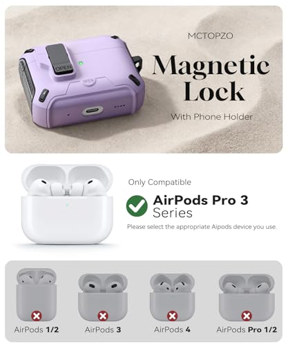 Image of for AirPods Pro 3 Case with Lock (Purple) | Compatible with MagSafe,with Phone Stand,with Automatic Snap Switch Carbon Fiber Design Protection Cover with Cleaning Pen