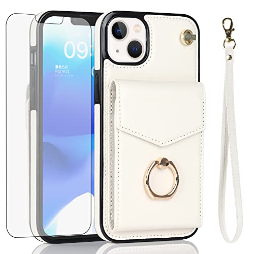 Coque iPhone 13 Asuwish avec protège-écran verre trempé et porte-carte - Blanc cassé