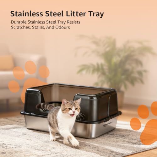Image of Amazon Basics Stainless Steel Cat Litter Box with Elevated Anti-Splash PP Guard | Black | Open-Top Easy-Clean Litter Tray for Cats | 50.1L x 35.4W x 24.8H cm