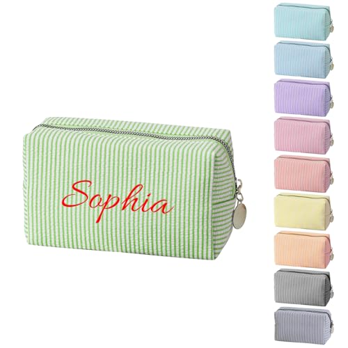 Personalised Stripe Makeup Bag Custom Embroidered Name Cosmetic Bag Portable Travel Toiletry Bag Monogrammed Wash Bag Gift for Women Bridesmaid Birthday Mothers Day (Green)