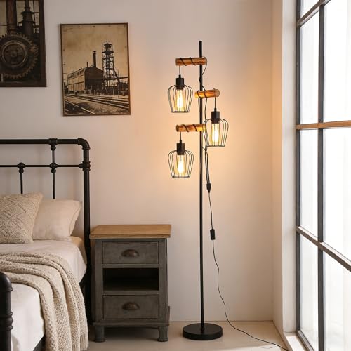 Lampadaire industriel 3 feux avec douille E27 et finitions bois rustique - 2