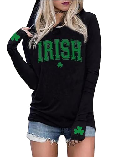 Susongeth St Patrick's Day Hoodie for Women Irish Shamrock Graphic Shirt Funny Lucky Clover Long Sleeve Hoodie Pullover Tops（Black，L