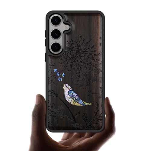 Coque Galaxy S25 Plus bois au style naturel fleurs oiseaux