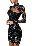  Tomwell Femme Mini Lace Robe Brillant de Soirée Cocktail Sexy Moulante en Maille à Manches Longues pour la Fête Robe Z Noir5 S
