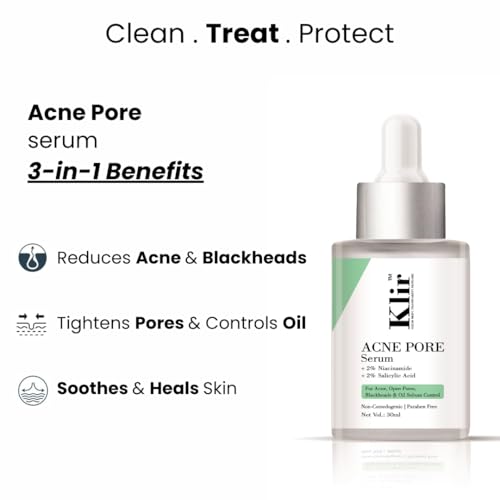 Image of Klir Acne Pore Serum for acne, blackheads, open pores, excess oil with 2% Salicylic Acid, 2% Niacinamide, Zinc, Centella Asiatica(30ml)