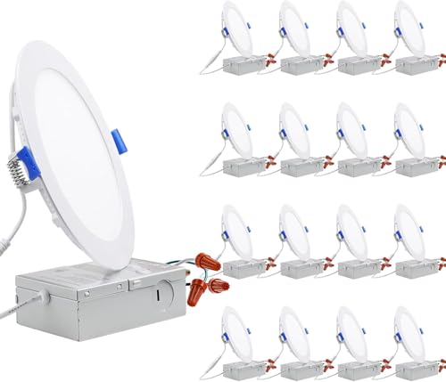 TORCHSTAR 16-Pack Ultra-Thin LED Recessed Lighting 6 Inch with Junction Box, Aluminum, 3000K Warm White, 12W Dimmable Slim LED Downlight, 1000LM High Brightness, ETL & Energy Star