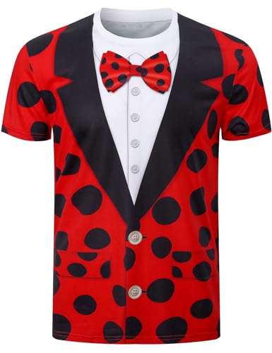 Funny World Men Ladybug Print Costume Shirt Tuxedo T-Shirts, Red, Medium