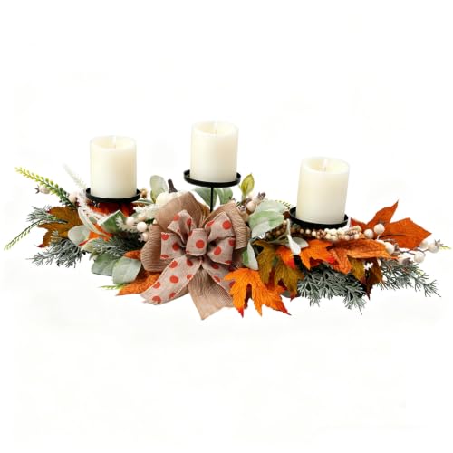 Image of Fall Pumpkin Wreath Candle Holder Centerpiece Thanksgiving Decoration Autumn Wreaths