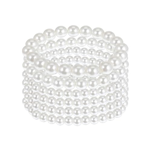 6 Pcs Pearl Bracelet Stack White Pearl Stretch Bracelets For Women Stackable Elastic Beaded Bracelet For Women Bridesmaid Bridal Wedding Jewelry