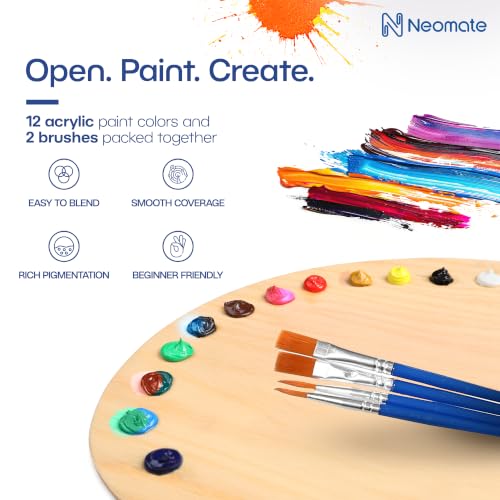 Image of Neomate Acrylic Paint Set - 12 Premium Acrylic Paint Tubes with 2 Brushes - Vibrant, Non-Toxic Pigments for Canvas, Glass, Plastic, Rocks, Arts and Crafts
