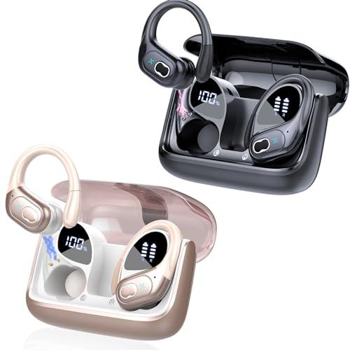 Aptkdoe 2 Sets Wireless Earbuds Sport, Bluetooth 5.4 Over Ear Buds Stereo Deep Bass Over Ear Bud with Earhooks, 75H Wireless Earphones with Mic, IPX7 Waterproof Earphone for Sports Black+Rose Gold - image 1