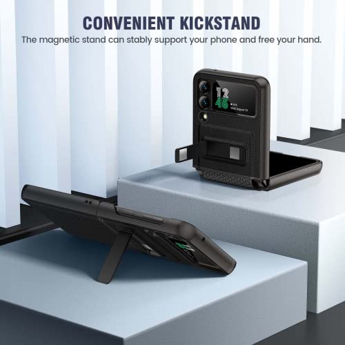 Caka Carbon Fiber Black Case For Samsung Z Flip 4 5G: Kickstand, Camera Lens Protector, Hinge Protection & Wireless Charging Support #TOP3