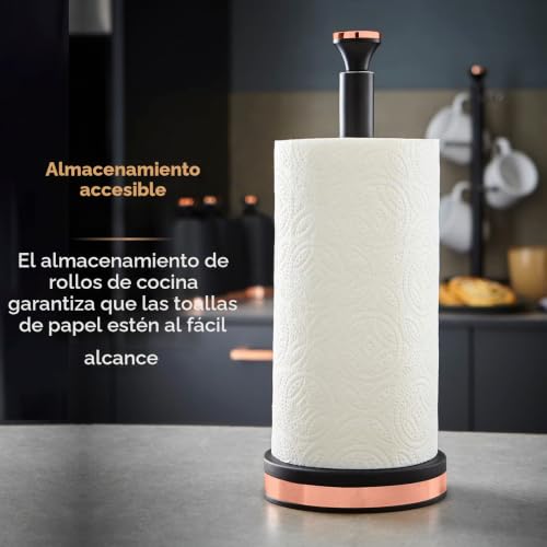 Portarrollos de cocina elegante Tower acabado oro rosa y base de madera 4