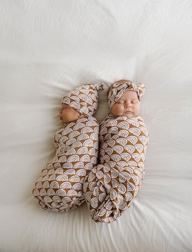 Image of Little Sleepies Swaddle & Hat Set, Baby Swaddles Newborns, Soft Viscose from Bamboo Swaddle Blanket Wrap (Rust Rainbows)