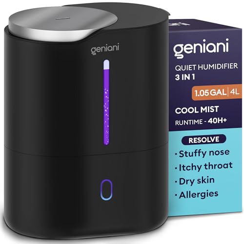 GENIANI Smart Humidifier for Bedroom Large Room, Top Fill Cool Mist Humidifiers 4L with Essential Oil Tray for Home, Baby, Plants, Quiet Air Humidifier Ultrasonic, Easy to Clean, Night Light (Black)