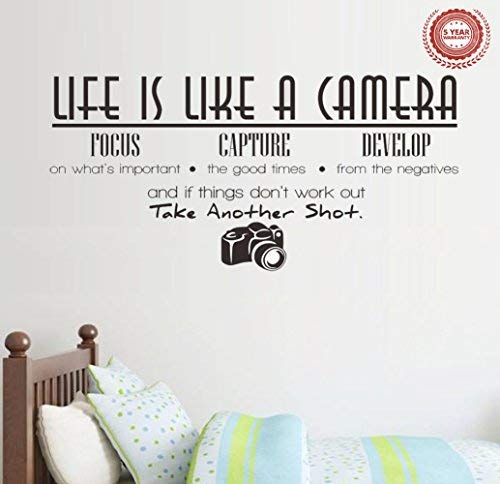 Wall Stickers ' Life is Like A Camera ' Vinyl Wall Decal Words Quote Wall Art Sticker Home Decor for Bedroom Living Room 26.77 X 13.78 in (Black)