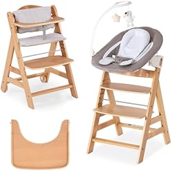Tronas Hauck hauck Beta Plus Newborn Set Deluxe, Trona Evolutiva Madera con Hamaca Bebé, Cojín de 2 Piezas y Bandeja, Trona Evolutiva Bebe con Ruedas desde 0 Meses, Silla Evolutiva, Natural