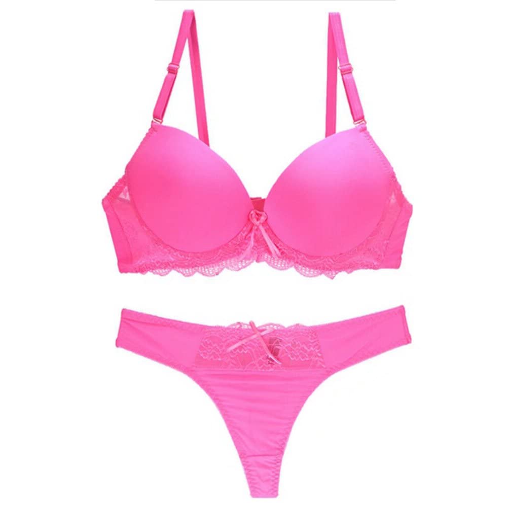 Gangcheng Women's Pink Plunge Bra Panties Lingerie Set Sexy Bras Lace Underwire Underwear 40A
